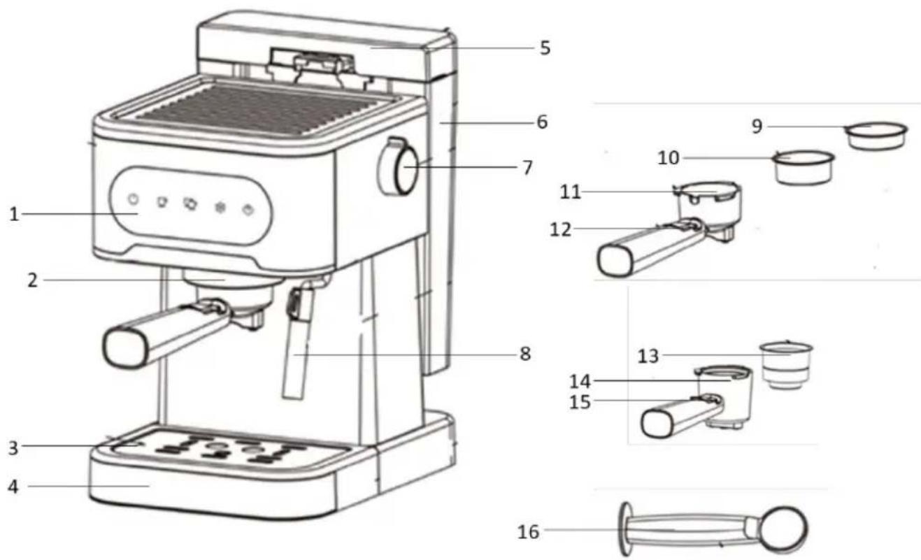 Technical diagram of a coffee maker with numbered parts for identification and assembly reference.