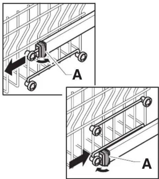 Technical diagram showing mechanical assembly with labeled components A, including a sliding mechanism and rotational motion arrows.