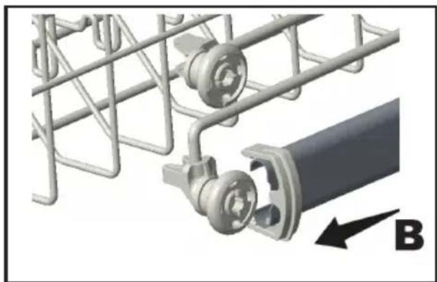 Mechanical assembly diagram showing a wire mesh structure connected to a cylindrical component with a labeled arrow (B), no text or symbols present.