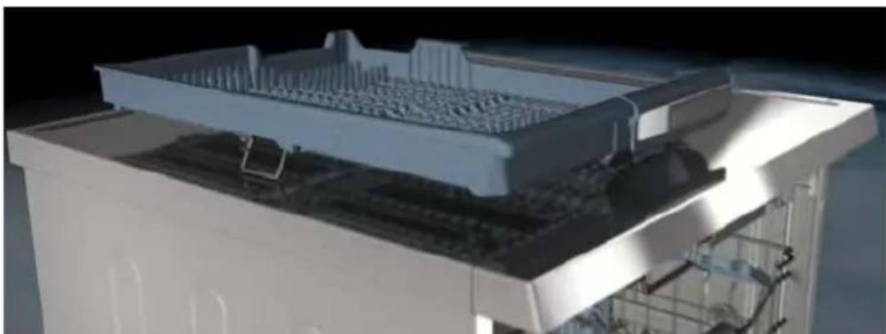 3D rendering of a white appliance with internal components and ventilation grilles, shown from an open lid (no text or symbols visible)