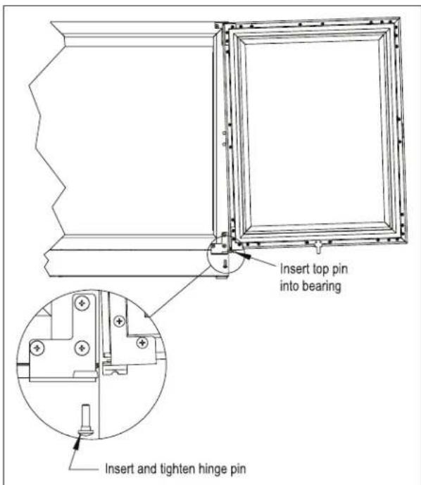 Insert top pin into bearing Insert and tighten hinge pin