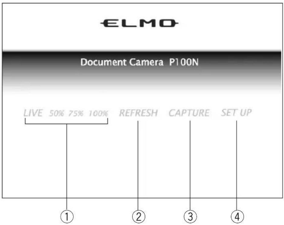 ELMO Document Camera P100N LIVE 50% 75% 100% REFRESH CAPTURE SET UP ① ② ③ ④