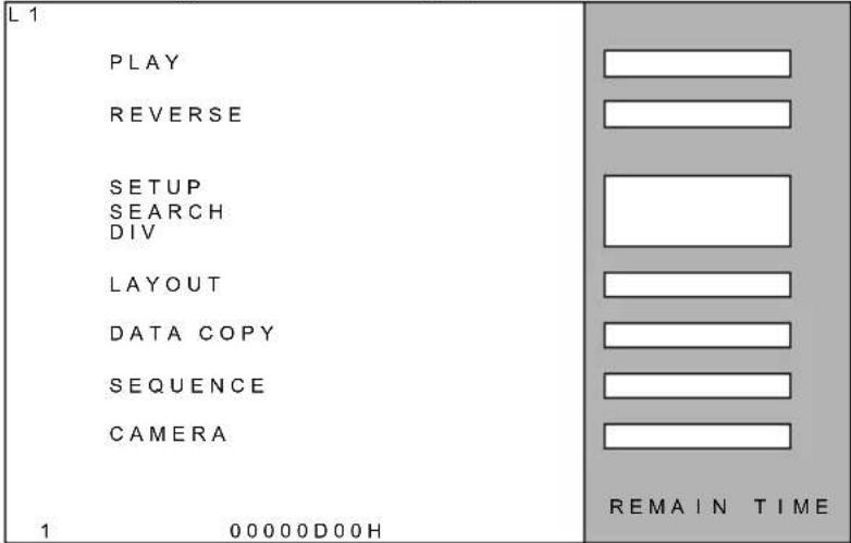 L 1 PLAY REVERSE SETUP SEARCH DIV LAYOUT DATA COPY SEQUENCE CAMERA 1 00000D00H REMAIN TIME