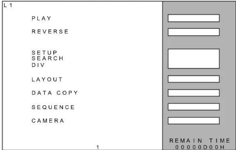 L 1 PLAY REVERSE SETUP SEARCH DIV LAYOUT DATA COPY SEQUENCE CAMERA 1 REMAIN TIME 0 0 0 0 0 D 0 0 H