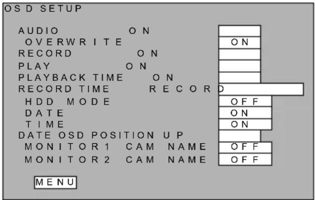OSD SETUP AUDIO ON OVERWRITE RECORD ON PLAY ON PLAYBACK TIME ON RECORD TIME RECORD HDD MODE DATE TIME DATE OSD POSITION UP MONITOR 1 CAM NAME MONITOR 2 CAM NAME MENU