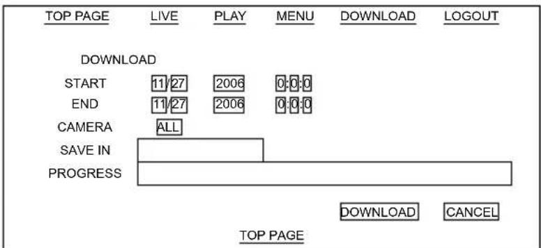 TOP PAGE LIVE PLAY MENU DOWNLOAD LOGOUT DOWNLOAD START 11/27 2006 0:0:0 END 11/27 2006 0:0:0 CAMERA ALL SAVE IN PROGRESS DOWNLOAD CANCEL TOP PAGE