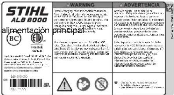 STIHL ALB 8000 alimentación Principal 921744 Spect. de la date: 2016 y 19:37:52 (A) 123 A Cuplar. Salaje. Cateche. De 16-01 y 16-02 y 16-03. Power supply: 1950 A-12. Power de a ter balance (in line: 1950 A-12. 12/12. 12/A) Dum. de 16-01 y 16-02 y 16-03 Sustes: 1950 A-12. Sustes de 928 430 000 MM / YYYY WARNING Before charging, read the operator's manual. Risk of electric shock -- do not expose to min- is de hot demand in uniazable portion of output cor reductor or unit regulated battery limited. For use only with RZA. AZA Sun or higher! Minimum oil batteries -- either types of batteries or minimum oil injury or the power only. This device complies with part 16 of the FCC ules. Operation is subject to the following two conditions: (1) this device may not cause harmful inferences and (2) if any devices are accepted as inference resistance, including impedance and may cause undesired operation. Anto de cangar, los a manual cel operador. Régos de descarga eléctrica no occesor a la flueve; no labor a parte ne saldora de #### la for de salida y el final se aglade de la belanja. Para sujo ovojano can fabricadas de bales de l'FCR/AC/AC des (II suplemente) -- claves ilcices de laboras de ocioner, promocando lasiones cesomantes y daños materiales. Utilizar sido en interel. Este dispositivo cumple la parte 16 de las nemonos de la FCC. El fundamental esti supuesto a las dos cancleros siguientes. (1) Este device plus se ade queur instrumentadora para juntares, y el este dispositiva cebe acuolar ou quar en instrumentadora resistida, incluidas as instrumentadora que pandoan causar un funanciameral no deseado. - ### PCT 50140, or cover instructions on - be solid and liquid used. - pato informadora adacada e riscuits.