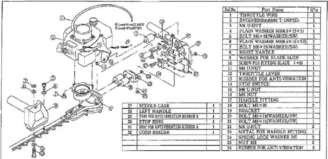 Technical diagram of a mechanical assembly with labeled parts and corresponding part numbers for assembly details.