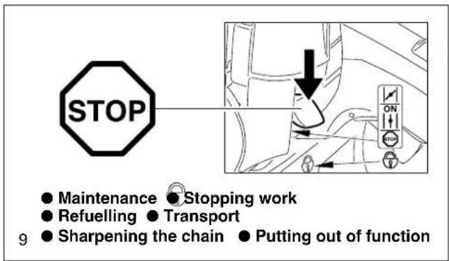 STOP ● Maintenance ● Stopping work ● Refuelling ● Transport ● Sharpening the chain ● Putting out of function 9