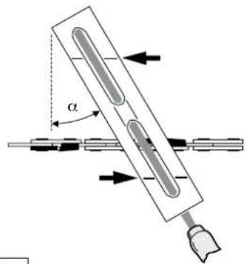 Diagram showing a mechanical or electrical component with labeled angle α and directional arrows indicating movement or force.