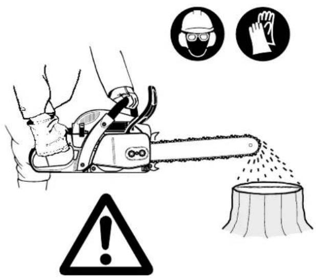 Safety warning illustration showing a chainsaw cutting tree stump with hazard symbols