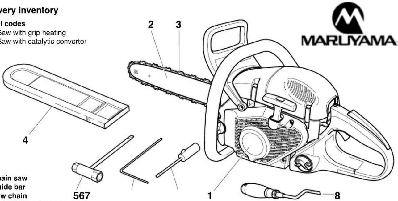very inventory I codes Saw with grip heating Saw with catalytic converter 4 2 3 88 567 1 8 main saw side bar w chain MARLUYAMA
