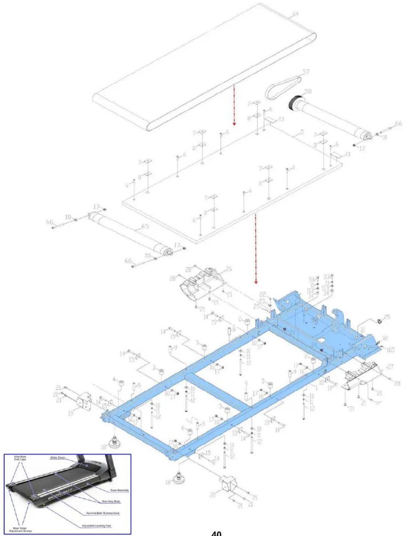 Technical diagram of a mechanical assembly with numbered components and an inset view of the motor cover.