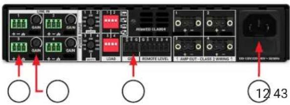 LINE PE GAIN GAIN 1 2 3 4 5 6 7 8 9 10 11 12 13 14 GAIN GAIN LOAD GAIN REMOTE LEVEL JAP OUT - CLASS 2 WIRING 12 43