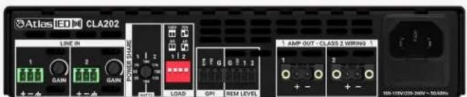 Atlas IED Int CLA202 LINE IN 1 2 GAIN GAIN POWER SHARE 1 2 1 1 2 LOAD SPI REM LEVEL AMP OUT - CLASS 2 WIRING 1 2 + - 100-150V/250-240V - 150MHz