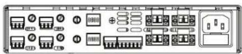 Front panel of a device control panel with labeled buttons and ports