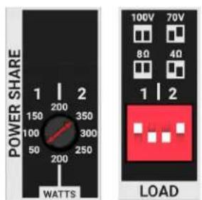 POWER SHARE 1 | 2 150 200 350 100 300 50 250 WATTS 100V 70V 8Ω 4Ω 1 | 2 LOAD