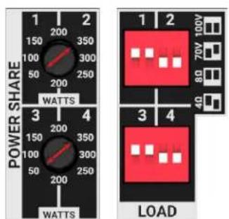 POWER SHARE WATTS 1 2 150 350 100 300 50 250 200 3 4 150 350 100 300 50 250 200 WATTS 1 2 1 2 70V 100V 8D 4Ω 3 4 LOAD
