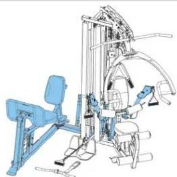 Technical line drawing of a mechanical exercise machine with blue frame and articulated arm (no text or symbols)