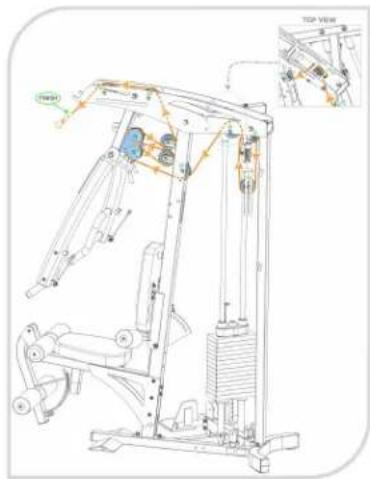 Technical diagram of a mechanical lifting device with labeled components and an inset view showing top view details.