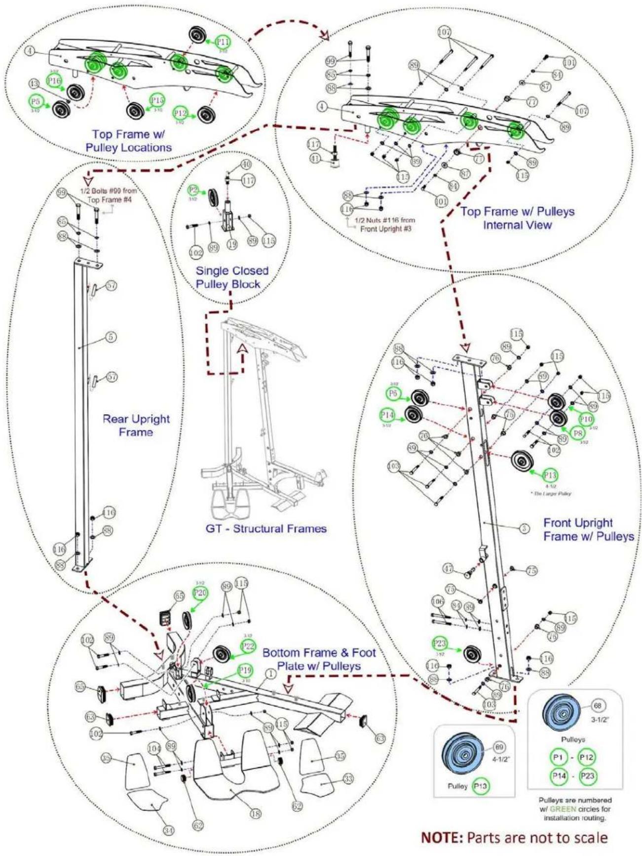 Top Frame w/ Pulley Locations 1/2 Bolts #99 from Top Frame #4 Single Closed Pulley Block Rear Upright Frame GT - Structural Frames Bottom Frame & Foot Plate w/ Pulleys Top Frame w/ Pulleys Internal View Front Upright Frame w/ Pulleys Pulleys are numbered w/ GREEN circles for installation routing. NO…