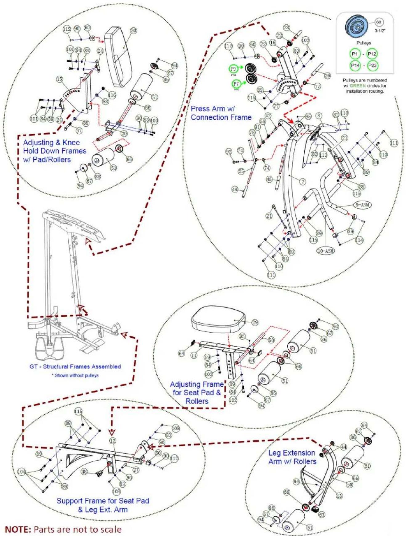 Adjusting & Knee Hold Down Frames w/ Pad/Rollers Press Arm w/ Connection Frame GT - Structural Frames Assembled * Shown without pulleys Adjusting Frame for Seat Pad & Rollers Support Frame for Seat Pad & Leg Ext. Arm Leg Extension Arm w/ Rollers NOTE: Parts are not to scale