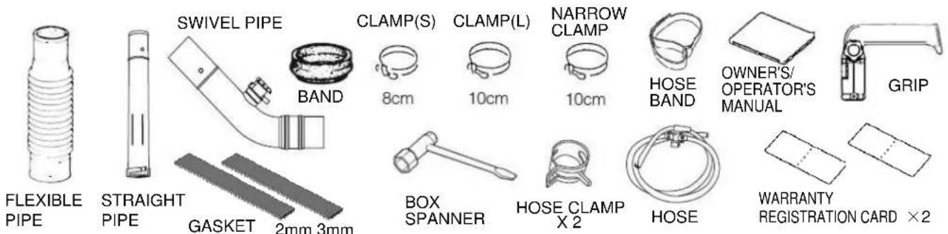 FLEXIBLE PIPE STRAIGHT PIPE GASKET 2mm 3mm SWIVEL PIPE BAND CLAMP(S) 8cm CLAMP(L) 10cm NARROW CLAMP 10cm HOSE BAND OWNER'S/ OPERATOR'S MANUAL GRIP BOX SPANNER HOSE CLAMP X 2 HOSE WARRANTY REGISTRATION CARD ×2