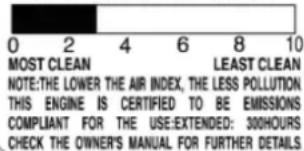 MOST CLEAN LEAST CLEAN NOTE:THE LOWER THE AIR INDEX, THE LESS POLLUTION. THIS ENGINE IS CERTIFIED TO BE EMISSIONS COMPLIANT FOR THE USE:EXTENDED: 300HOURS CHECK THE OWNER'S MANUAL FOR FURTHER DETAILS.