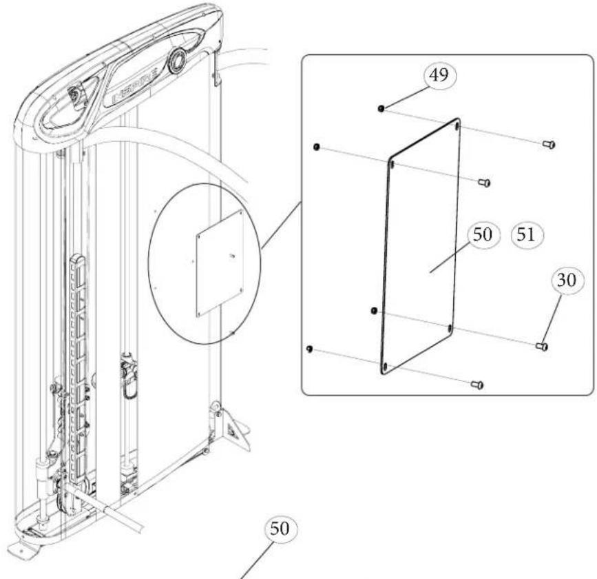 Technical diagram of a device with labeled components and an inset view showing internal structure details.