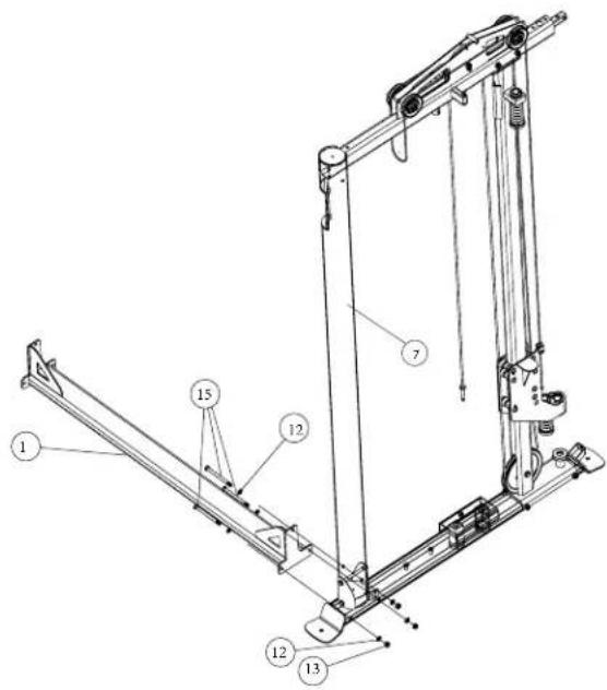 Technical diagram of a mechanical lifting device with numbered components labeled 1, 7, 12, 13, and 15.