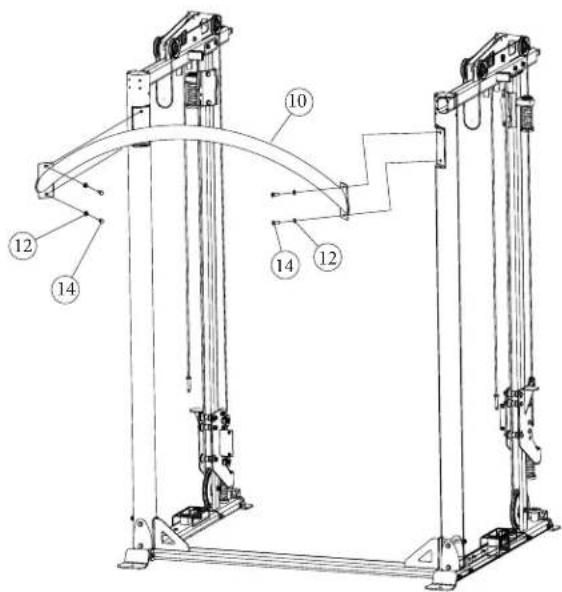Technical diagram of a mechanical lifting device with numbered components labeled 10, 12, and 14.