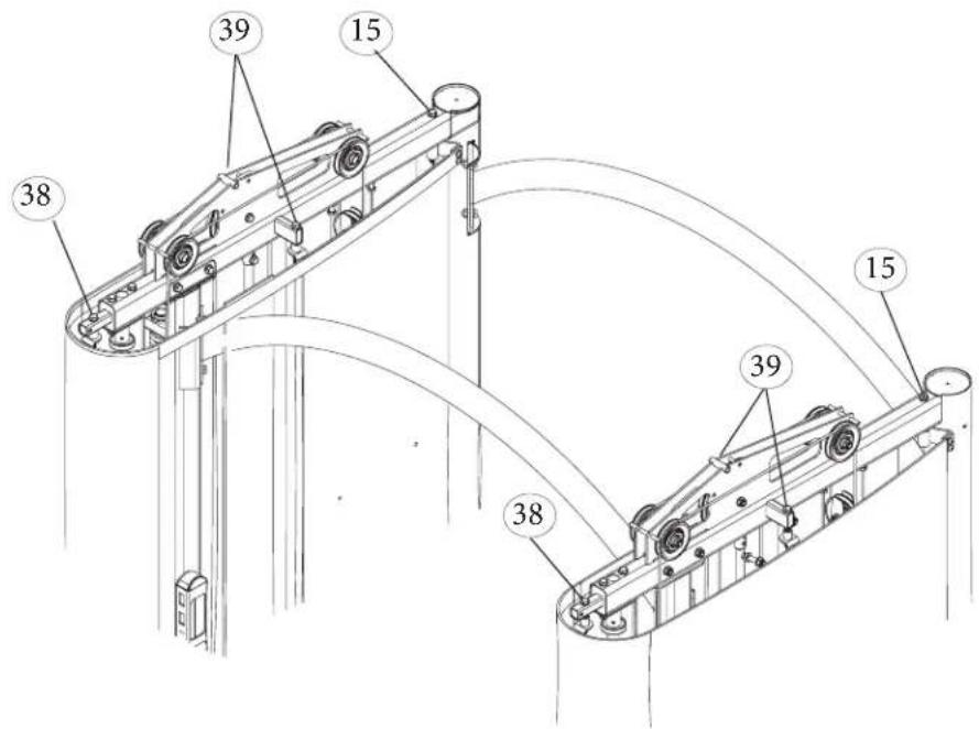Technical diagram of a mechanical conveyor system with numbered components and curved guide rails