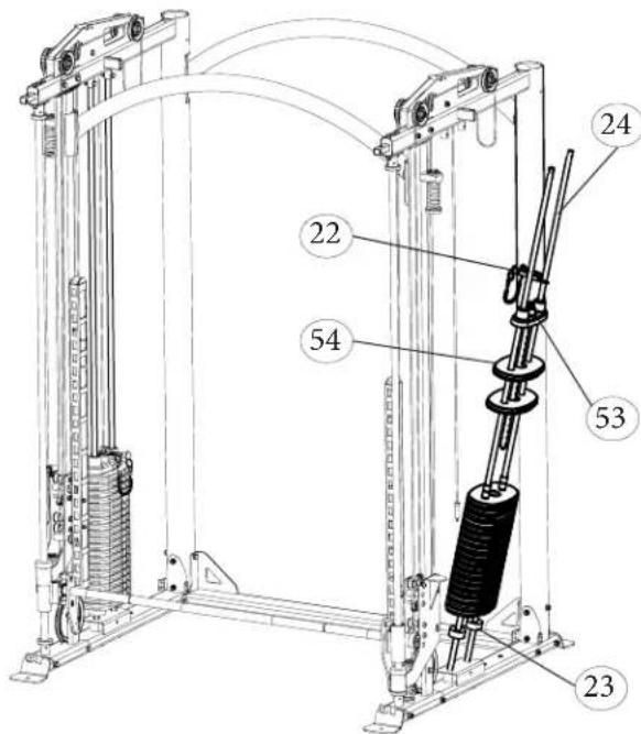 Technical diagram of a mechanical lifting device with numbered components labeled 22, 23, 24, and 53.