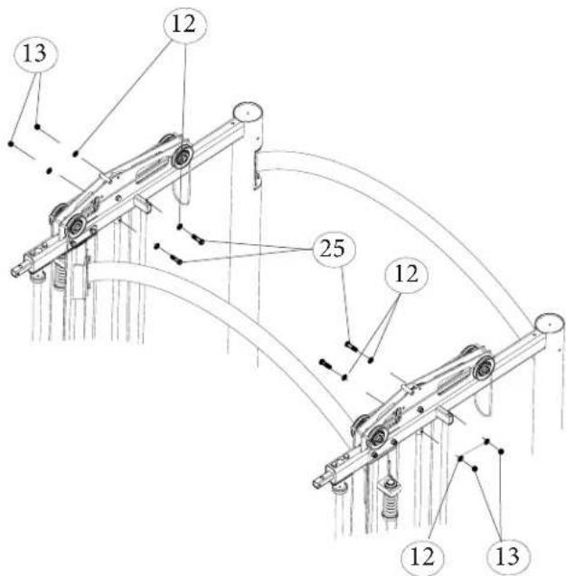 Technical diagram of a mechanical linkage system with numbered components and connecting rods