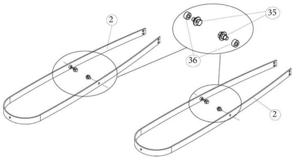 Technical diagram of a mechanical component with numbered parts and circular annotations indicating features.