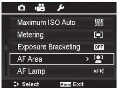 Maximum ISO Auto Metering Exposure Bracketing AF Area AF Lamp Select Menu Exit