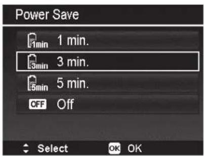 Power Save 1 min. 3 min. 5 min. OFF Off Select OK OK