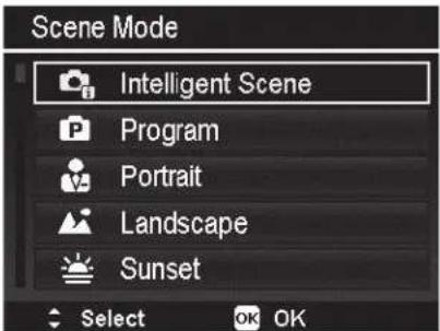 Scene Mode Intelligent Scene Program Portrait Landscape Sunset Select OK OK