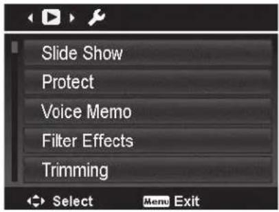 Slide Show Protect Voice Memo Filter Effects Trimming Select Menu Exit
