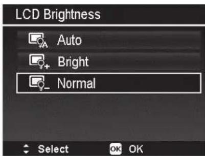 LCD Brightness Auto Bright Normal Select OK OK