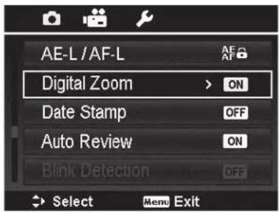 AE-L / AF-L Digital Zoom > ON Date Stamp OFF Auto Review ON Blink Detection OFF Select Menu Exit