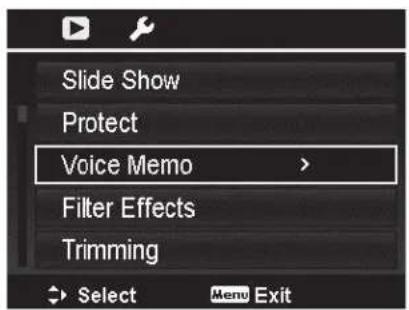 Slide Show Protect Voice Memo > Filter Effects Trimming Select Menu Exit