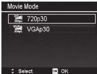 Movie Mode HD 720p30 H 30fps VGA p30 30fps Select OK OK