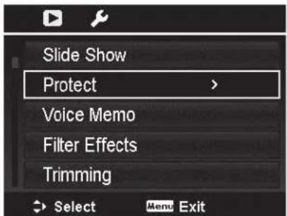 Slide Show Protect > Voice Memo Filter Effects Trimming Select Menu Exit