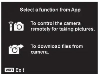 Select a function from App To control the camera remotely for taking pictures. To download files from camera. WiFi Exit