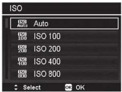 ISO ISO Auto ISO ISO 100 ISO ISO 200 ISO ISO 400 ISO ISO 800 Select OK OK