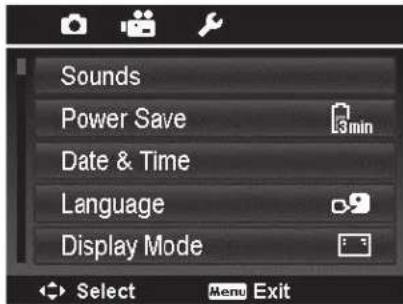 Sounds Power Save 3min Date & Time Language Display Mode Select Menu Exit