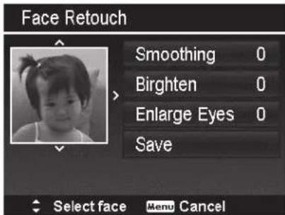 Face Retouch Smoothing 0 Birghten 0 Enlarge Eyes 0 Save Select face Menu Cancel