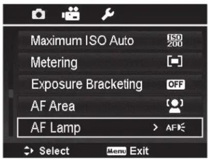 Maximum ISO Auto Metering Exposure Bracketing AF Area AF Lamp Select Menu Exit