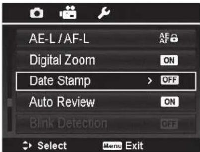 AE-L / AF-L Digital Zoom Date Stamp > OFF Auto Review Blink Detection Select Menu Exit